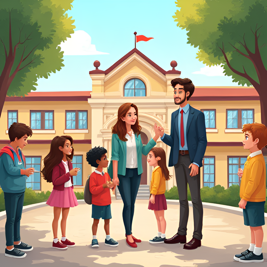 A vibrant illustration of a school principal warmly interacting with students and teachers in a school courtyard, depicting a positive and supportive atmosphere.