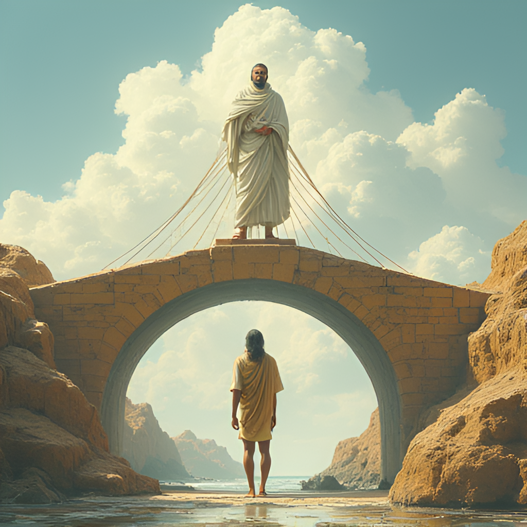 A symbolic image showing a bridge connecting ancient Sanskrit texts and modern education, with a school principal figure standing as a guardian or facilitator.