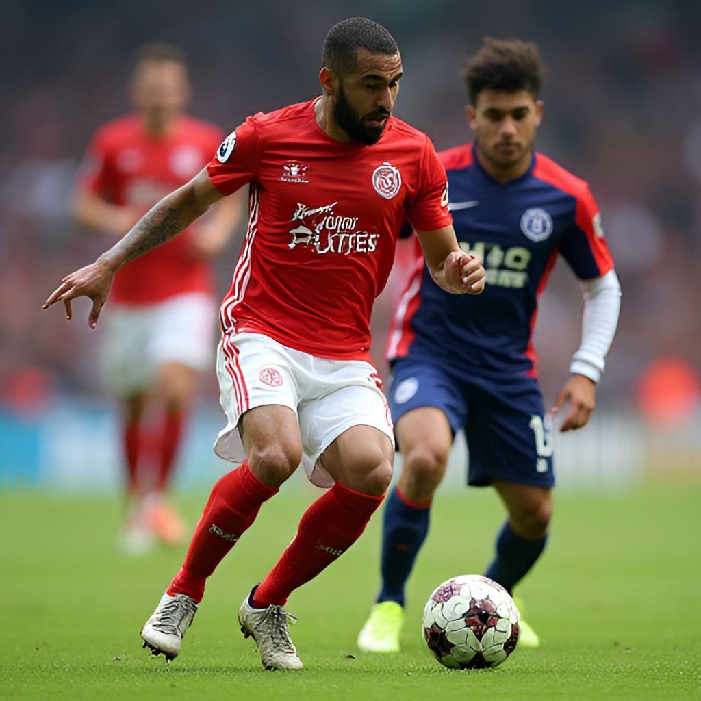 A close-up, action shot of a key player from Al Ahly (e.g., Riyad Mahrez or Roberto Firmino) dribbling past a Kawasaki Frontale defender during a match, emphasizing skill and focus.