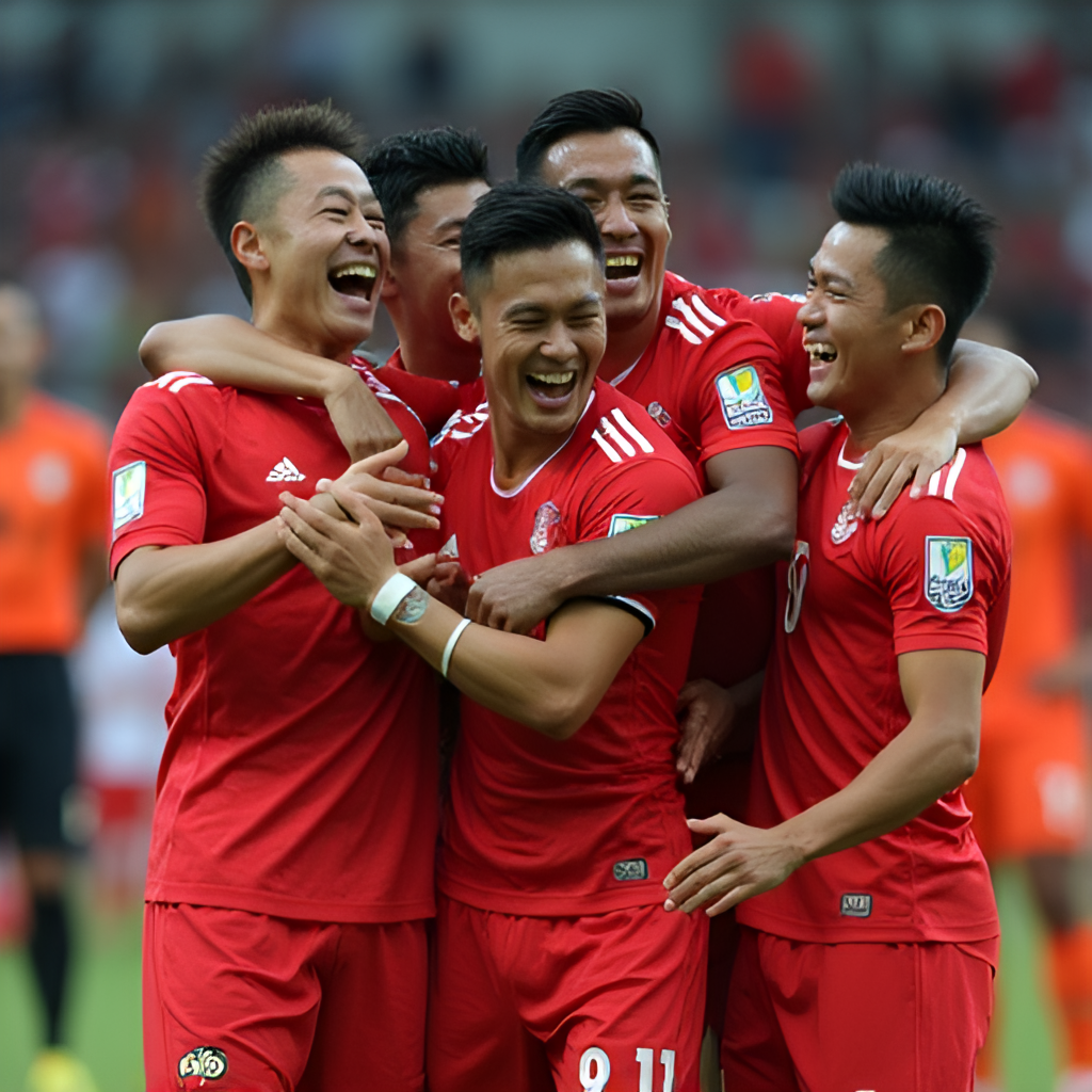 A close-up, emotionally charged photograph of football players from an Asian team celebrating a goal or victory during the Asian Cup, showing expressions of joy and teamwork, possibly with national flags in the background.