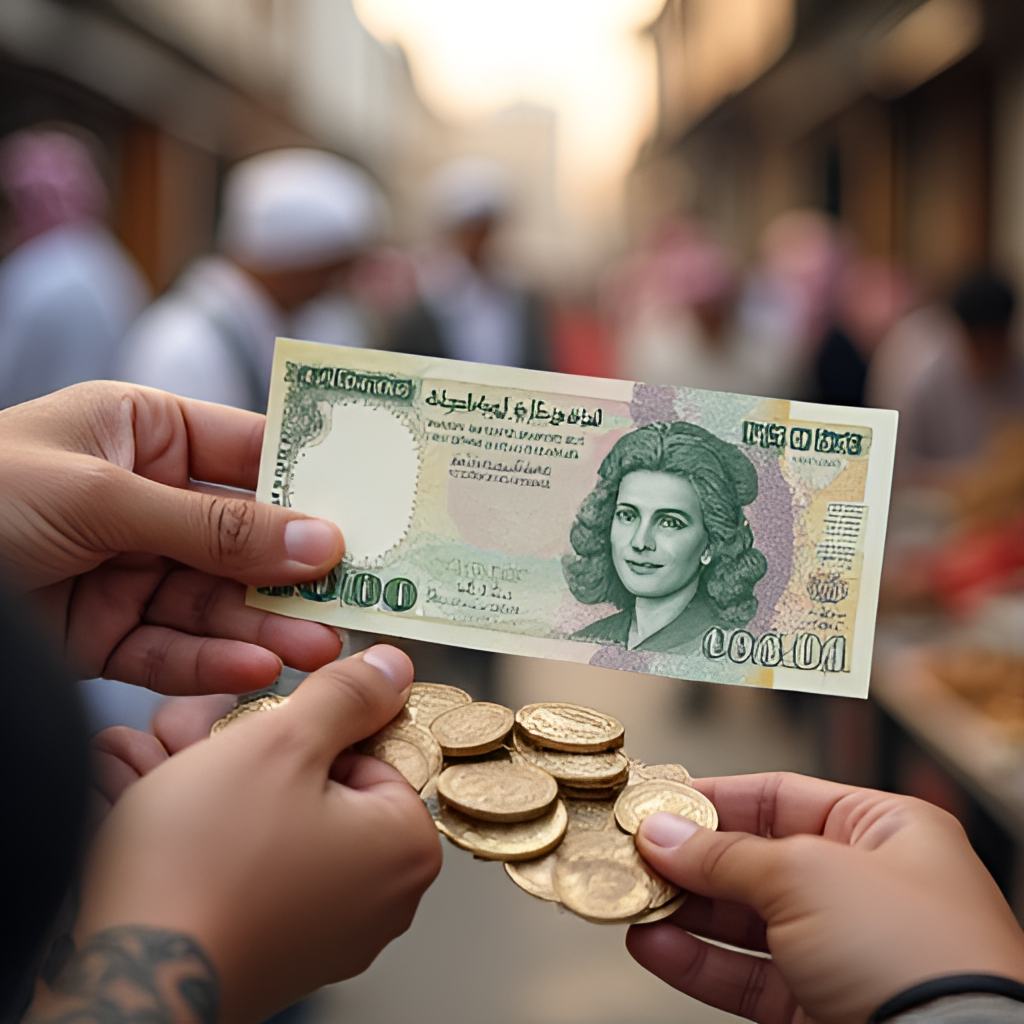 A dynamic image representing the purchasing power of the Saudi Riyal, perhaps showing a marketplace scene in Saudi Arabia with people using banknotes and coins, conveying economic activity and value.