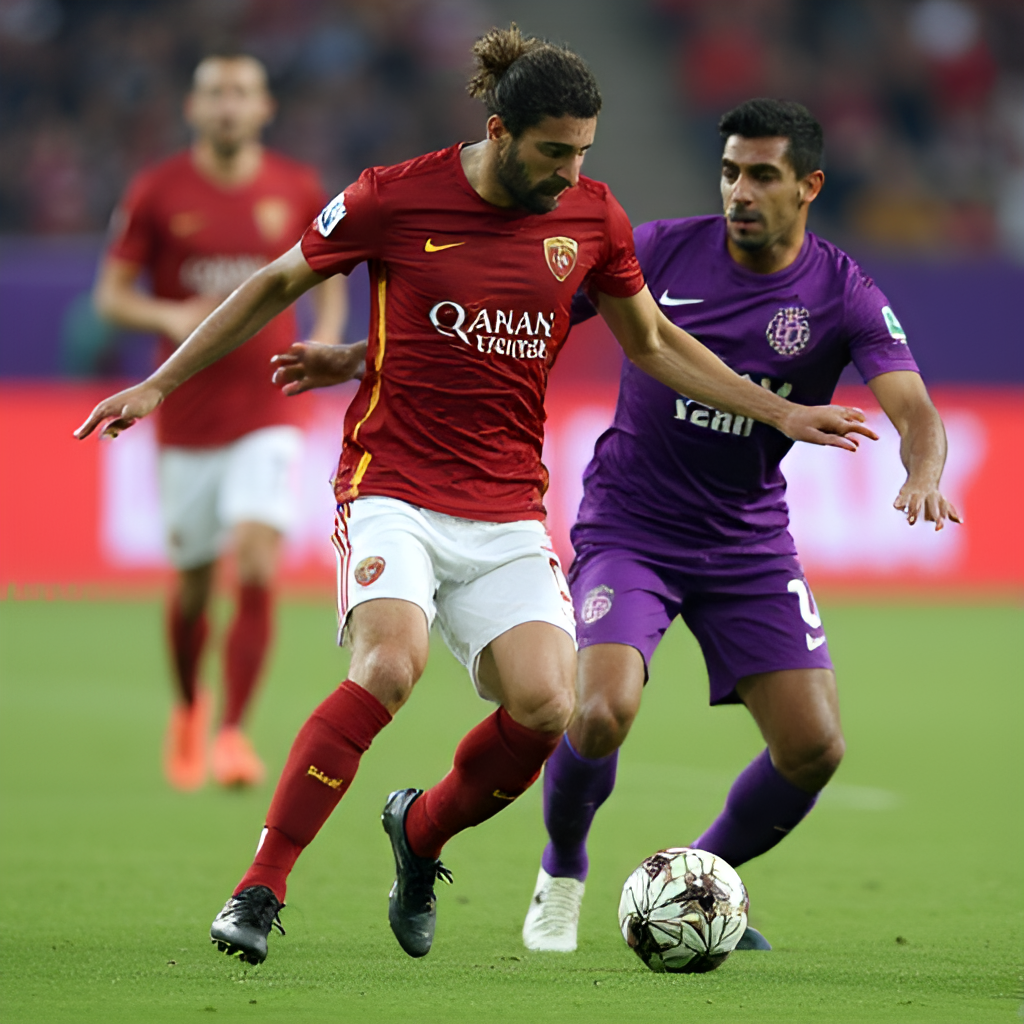 An action shot of a key moment in a recent Roma vs Fiorentina match, perhaps a tackle or a shot on goal, highlighting the intensity and skill of the players, with the team colors prominent.