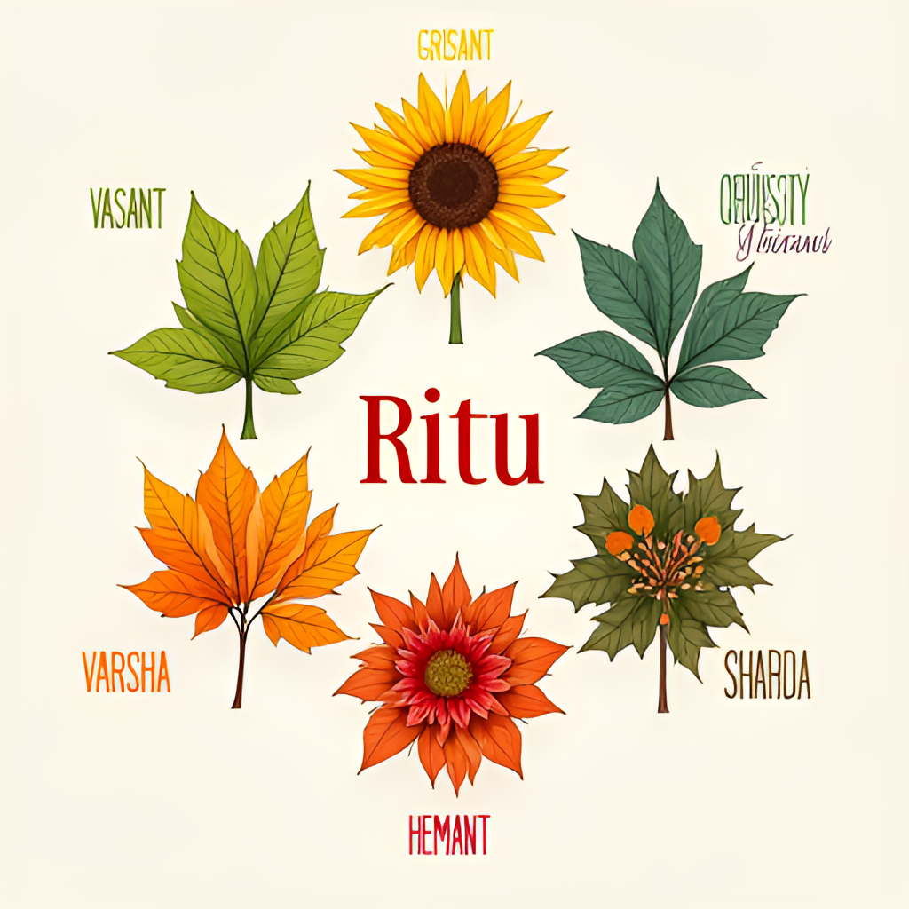 A vibrant illustration depicting the six traditional Indian seasons (Ritu) - Vasant, Grishma, Varsha, Sharad, Hemant, Shishir - with appropriate natural elements for each season.