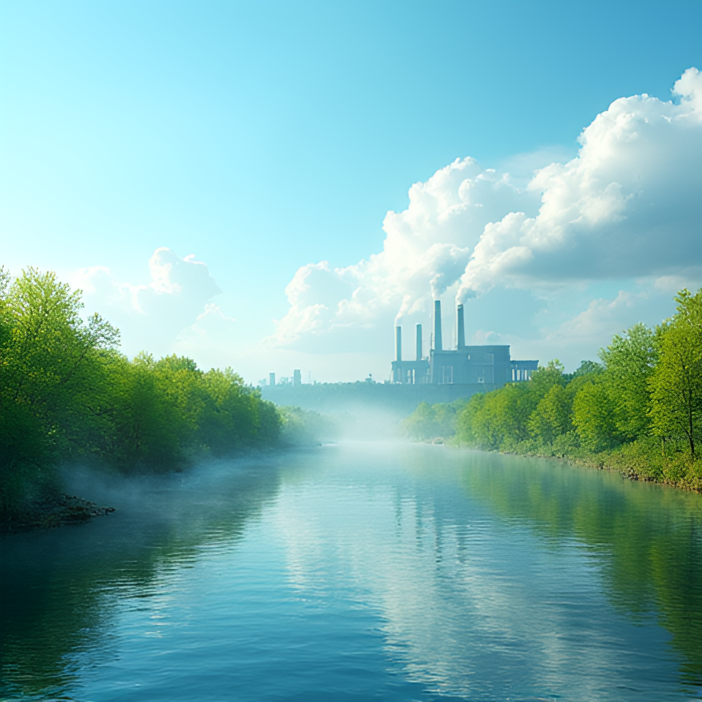 An image contrasting healthy nature (clean air, green trees, clear water) with polluted environment (smokestacks, polluted river, deforested land) to show human impact on weather.