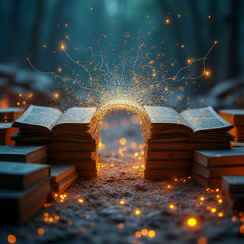 A metaphorical image depicting a bridge connecting ancient wisdom, represented by stacks of old Sanskrit texts, and futuristic technology, symbolized by glowing digital patterns and circuits, illustrating the potential of Sanskrit in AI development.