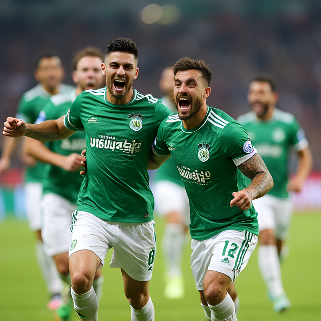 A dynamic photo capturing Al Ahli Saudi FC players celebrating a goal on the field, showing their green and white kits, with excited teammates joining in the celebration in the background