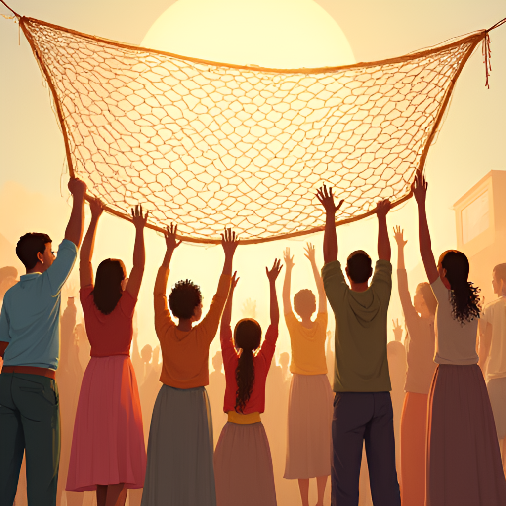 An illustrative image showing diverse people from a community collectively holding up a large safety net, symbolizing shared responsibility and mutual support in Takaful. The background is a warm, supportive environment.