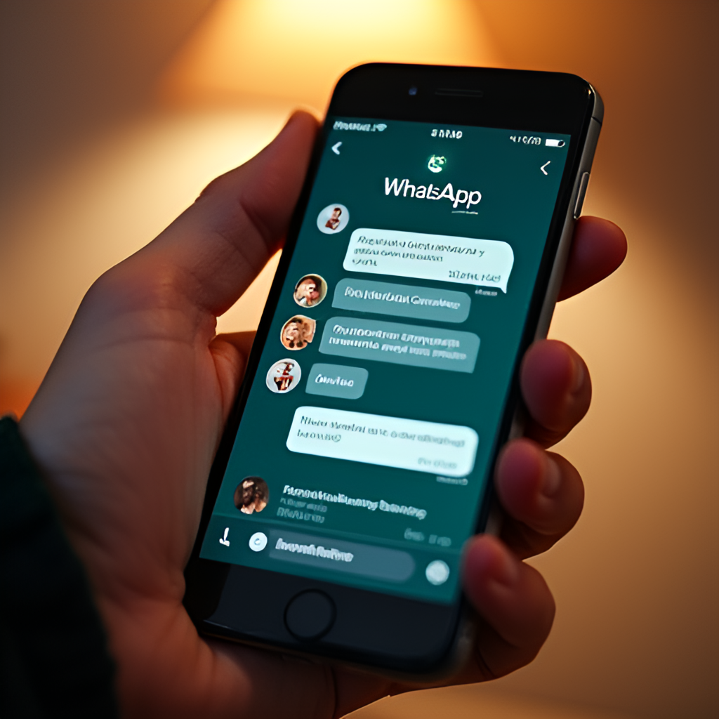 A user's hand holding a smartphone with the WhatsApp chat interface visible, showing various chat bubbles and media icons, in a warm, inviting setting.