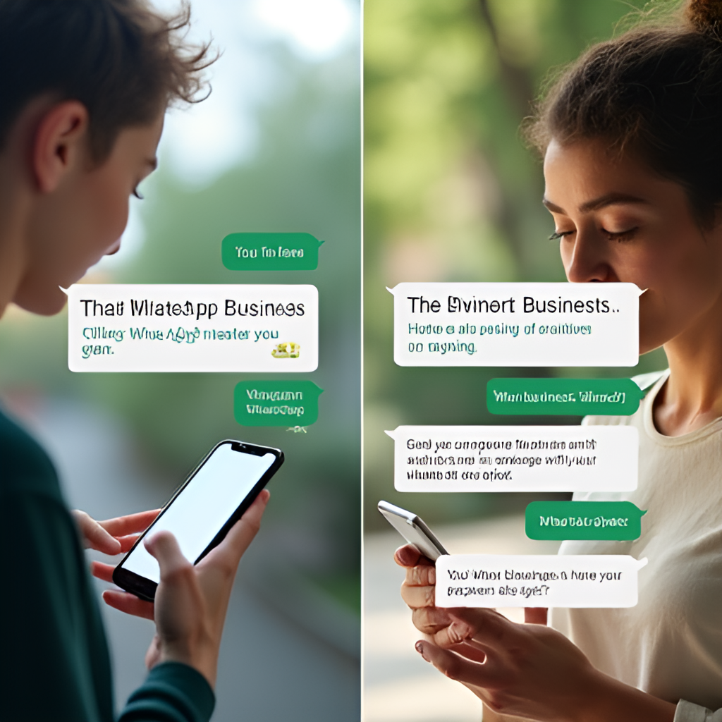 A split image: one side shows a person texting on WhatsApp with a friend, the other side shows a small business owner using WhatsApp Business to interact with multiple customers, illustrating personal and professional use.