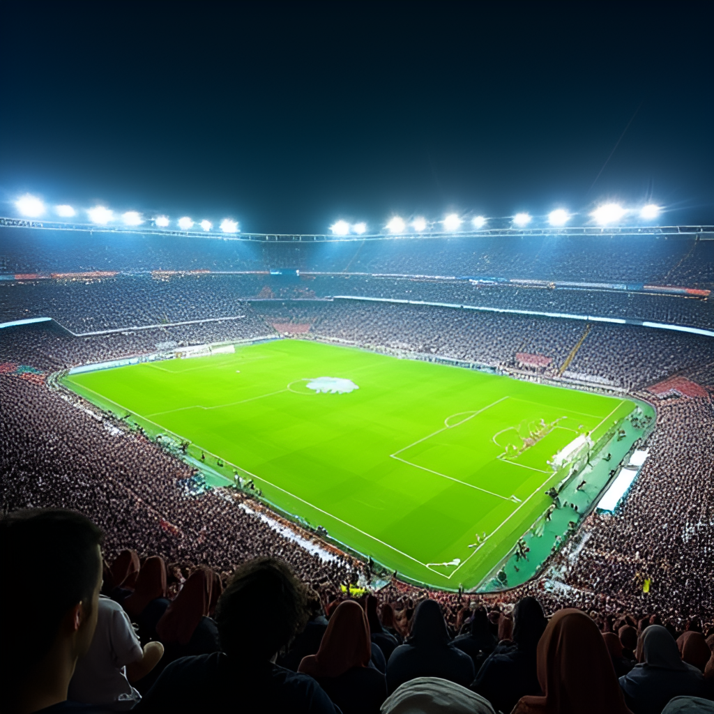 An aerial shot of a packed football stadium in Saudi Arabia during a night match, showing vibrant lights and enthusiastic fans, capturing the atmosphere of the Saudi Pro League.