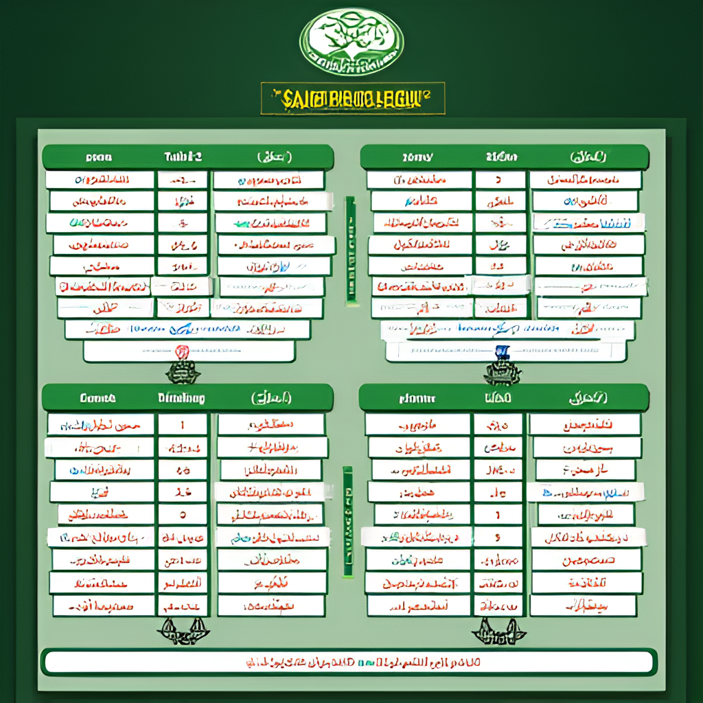 A graphic representation of a league table showing team names, points, and positions, specifically designed for the Saudi Pro League with Arabic text and team logos.