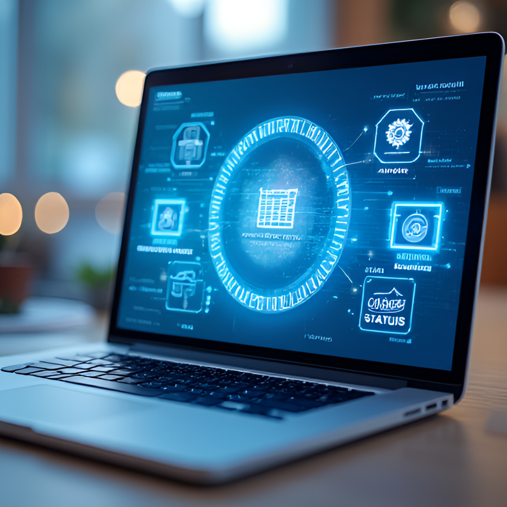 An image depicting the Musaned platform interface on a laptop or tablet screen, with icons representing different services like 'transfer services' or 'correct status', emphasizing the digital nature of the process