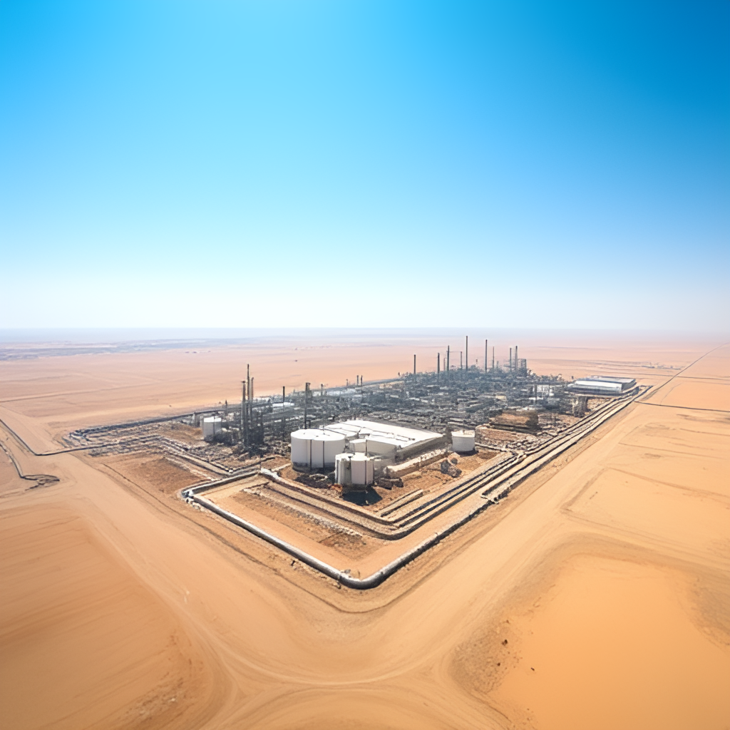 A wide aerial shot showing a vast oil and gas processing facility under a clear blue sky in a desert landscape, with pipelines and storage tanks visible. The image should convey scale and industrial activity.