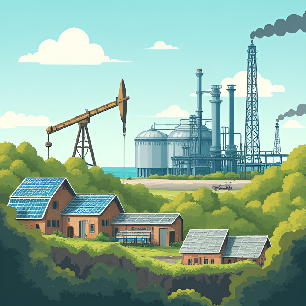 An image illustrating sustainable energy initiatives, perhaps showing solar panels or a carbon capture facility alongside traditional oil infrastructure, symbolizing the transition to a lower-carbon future.
