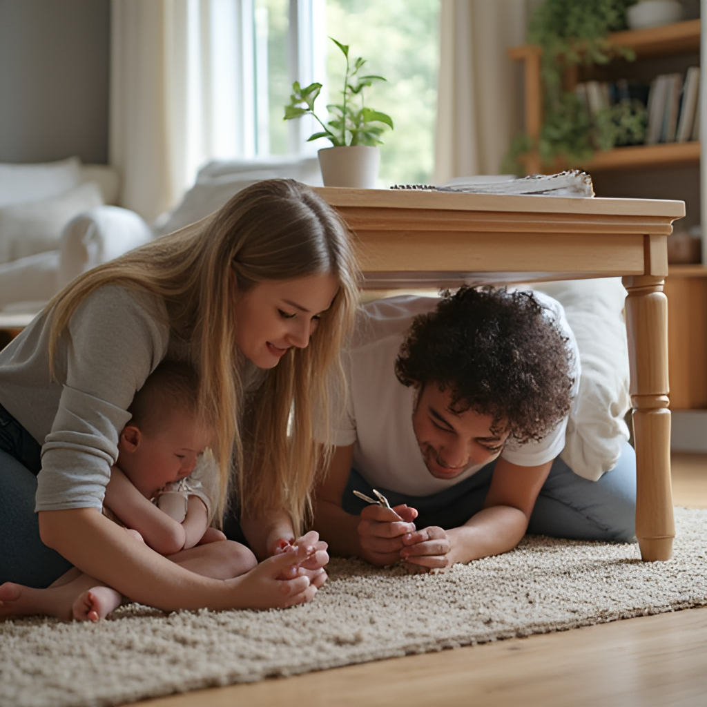A realistic photo showing a family practicing earthquake safety by taking cover under a sturdy table indoors, emphasizing calmness and preparedness.