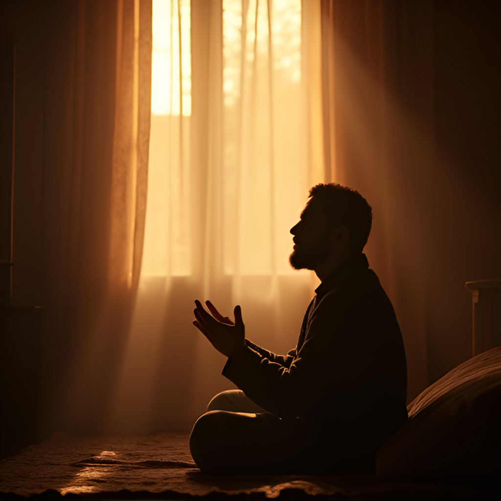 A serene scene of a person praying Fajr (dawn) prayer at home, with soft early morning light entering through a window, conveying peace and tranquility.