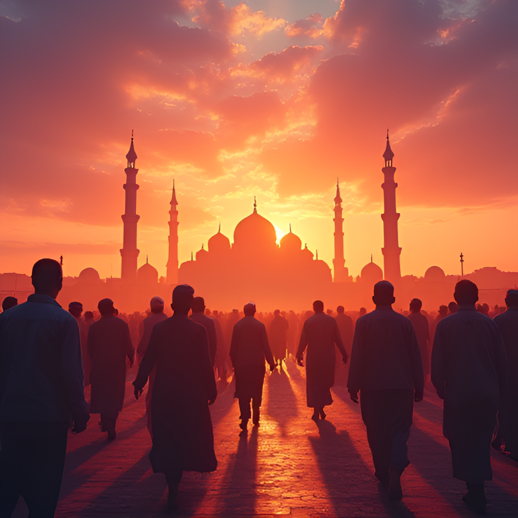 A vibrant image of Muslims walking towards a mosque at dawn for communal Fajr prayer, showing a sense of community and devotion against a backdrop of a colorful sunrise.
