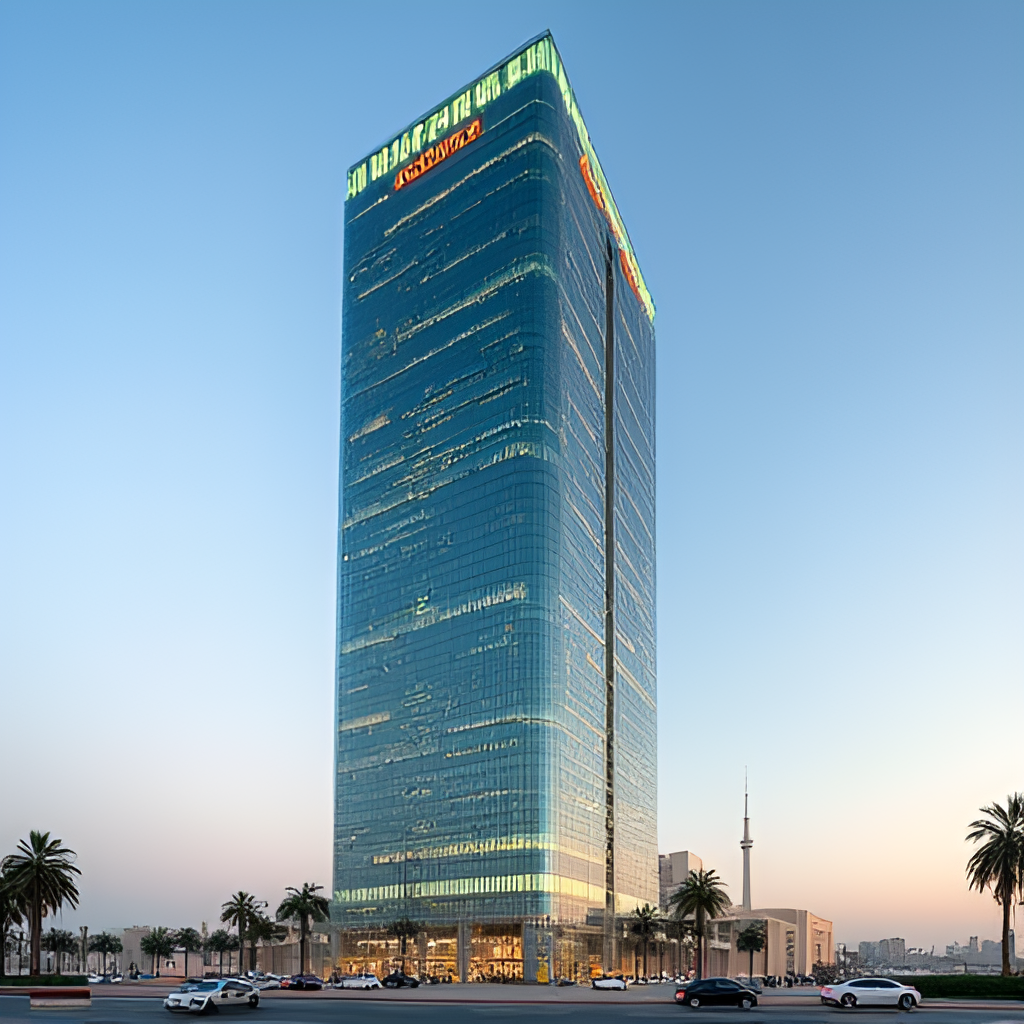 A visual representation of the Saudi Exchange building (Tadawul tower) in Riyadh, symbolizing the central hub of stock trading in Saudi Arabia, perhaps with market data overlays.