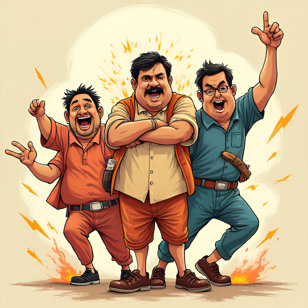 A vibrant and humorous illustration depicting the three main characters Raju, Shyam, and Baburao (Paresh Rawal) from the Hera Pheri franchise in a chaotic but funny situation, reflecting the movie's comedic style, rendered in a slightly exaggerated, cartoonish style.
