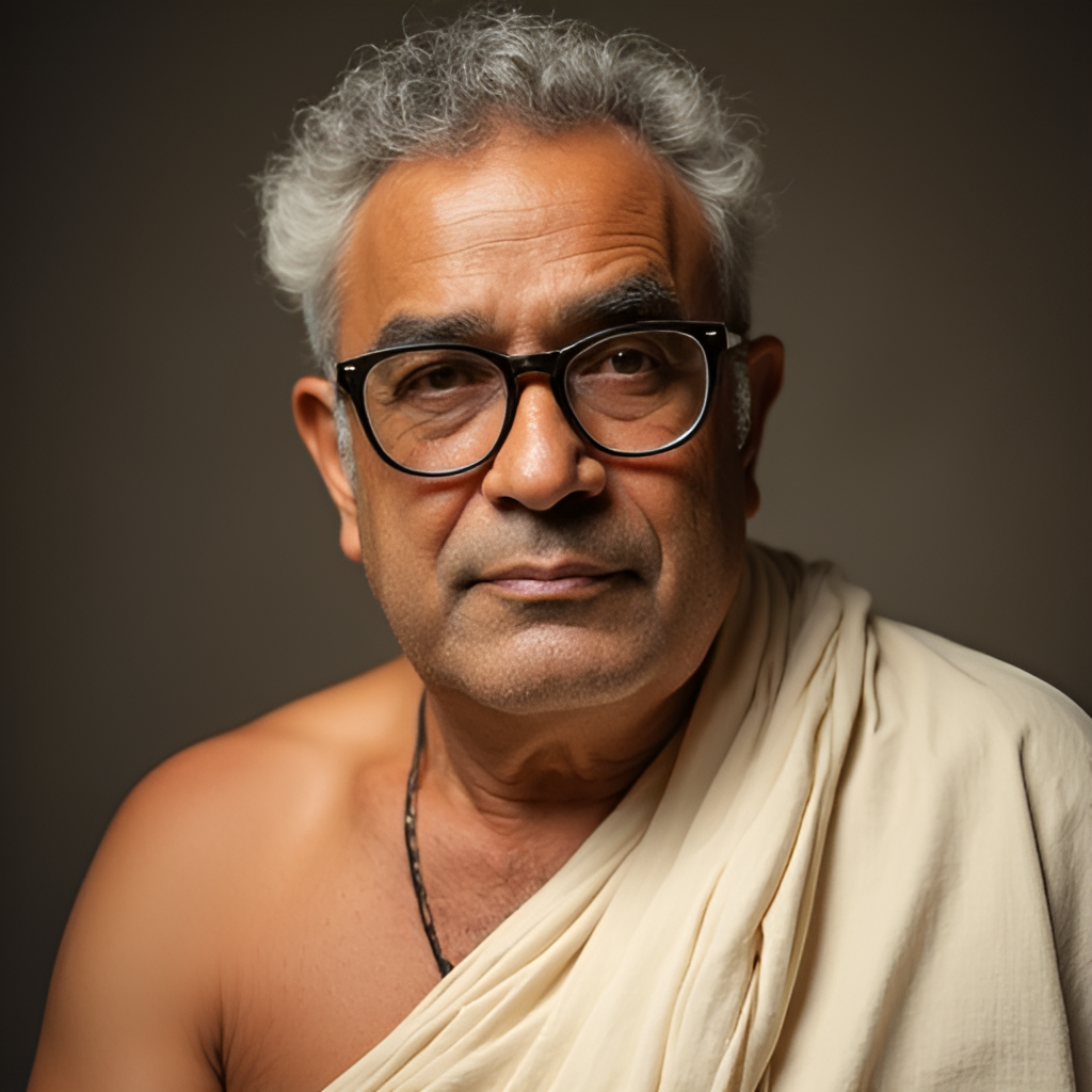 A portrait of actor Paresh Rawal in his iconic Baburao Ganpatrao Apte look (dhoti, glasses), with a thoughtful or slightly mischievous expression, representing the beloved character's depth and legacy.