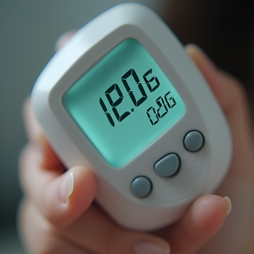 A close-up shot of a modern digital thermometer displaying a high temperature reading, perhaps suggesting fever or extreme heat, with a slightly blurred background showing a hand holding it.