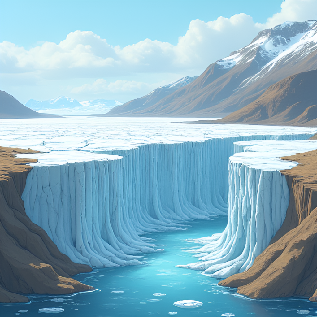 An illustrative image showing the impact of rising global temperatures, perhaps featuring a melting glacier or ice cap with visible water runoff and surrounding landscape showing signs of environmental stress or change.