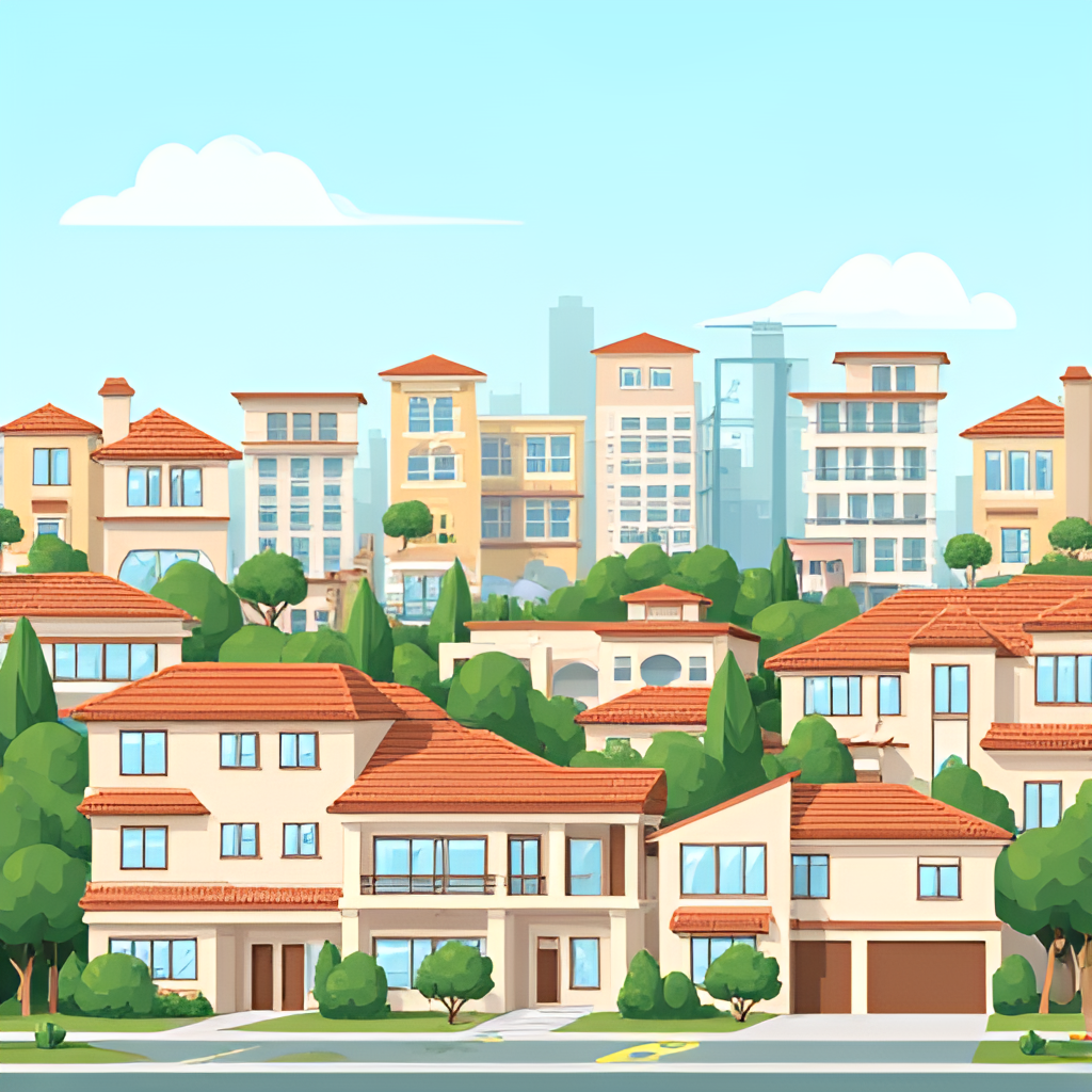 A wide shot illustration showing various types of rental properties like apartments, villas, and commercial buildings, representing the diversity of the rental market.