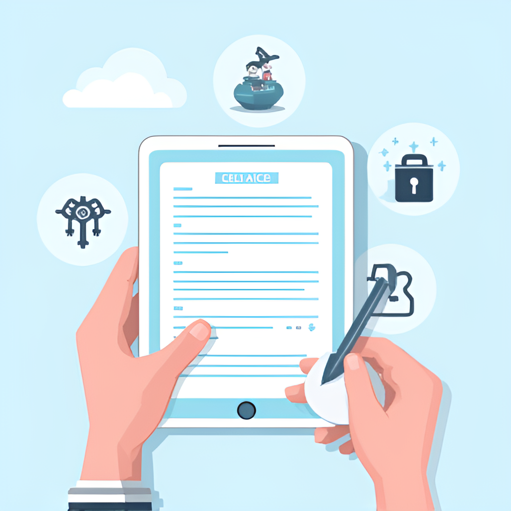 A digital illustration showing a person signing a digital lease agreement on a tablet, with icons representing legal clauses, keys, and a secure lock, symbolizing the ease and security of electronic rental platforms like Ejar.