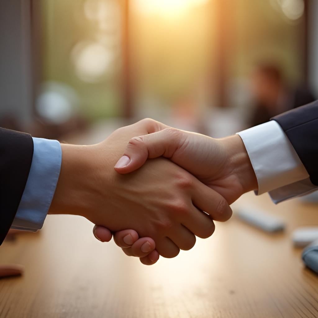 A close-up, warm-toned photograph of two people shaking hands firmly across a table, conveying trust and agreement in a professional or personal setting.