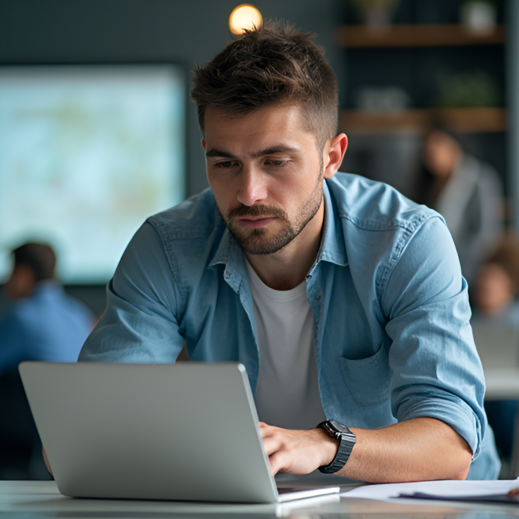 An individual looking focused and determined while successfully completing the last step of a complex task on a laptop, with a blurred background suggesting a busy environment, symbolizing completion of duty.