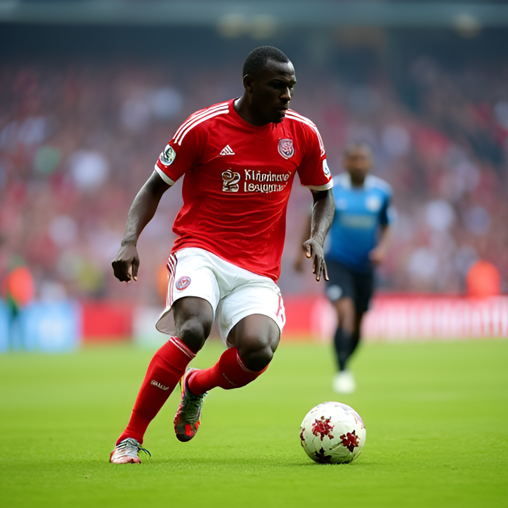 A dynamic, low-angle shot of Moussa Diaby in action for Bayer Leverkusen, dribbling at high speed down the wing with a defender trailing behind him. The image should capture his pace and control, set against the backdrop of a packed stadium.