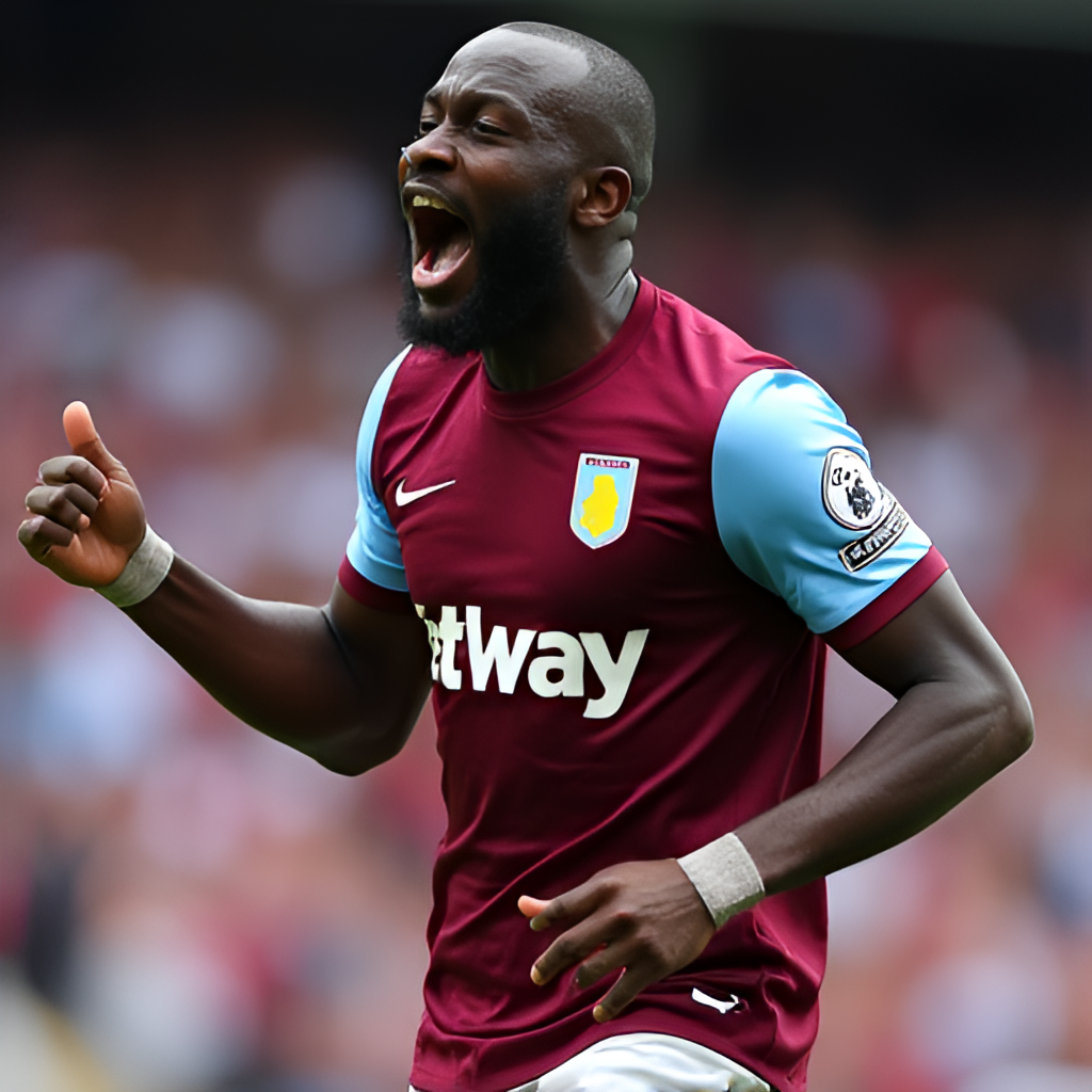 A close-up, sharp image of Moussa Diaby celebrating a goal for Aston Villa or Al-Ittihad, showing his emotion and the club crest. The background should be slightly blurred to keep the focus on him.
