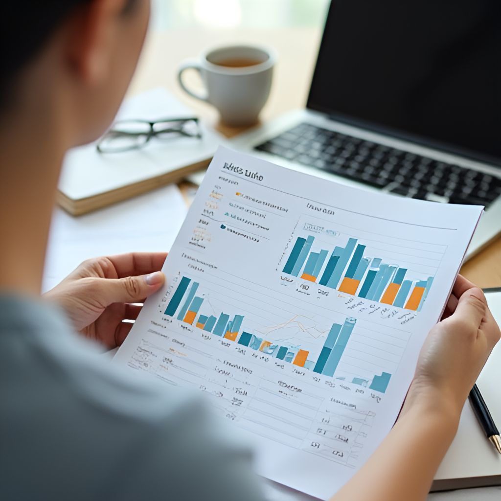 A person looking at a laptop or notebook with charts and numbers, symbolizing financial planning, budgeting, or tracking expenses. The atmosphere is calm and organized.