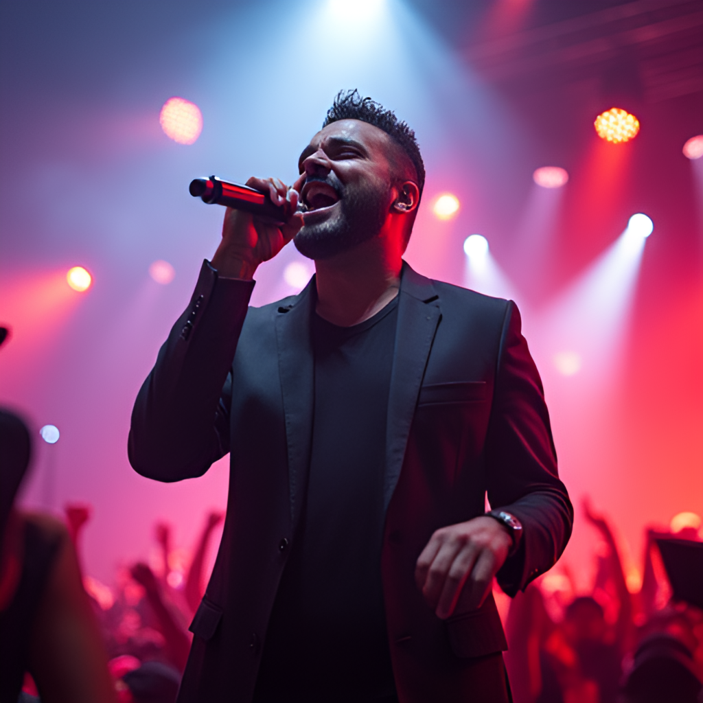 A vibrant, dynamic image of Egyptian singer Ahmed Saad performing on a brightly lit stage, holding a microphone, with a passionate expression, surrounded by energetic stage lights and a cheering crowd visible in the background. The style is a mix of concert photography and artistic rendering.