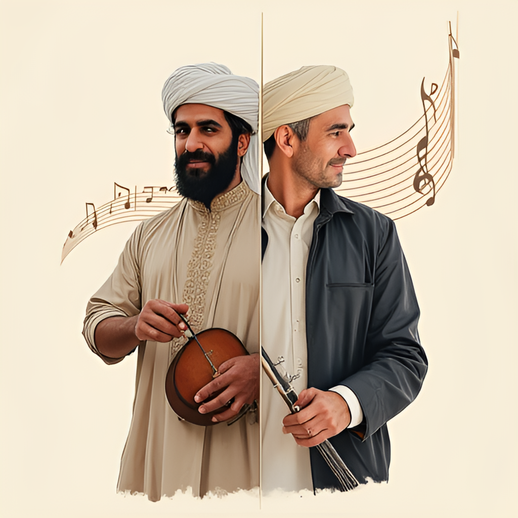 A split image or collage showcasing Ahmed Saad's evolution: one side showing a younger photo from his early career, perhaps holding a traditional instrument or in a classic pose, and the other side a more recent, modern photo of him, reflecting his contemporary style. Connect the two images with a subtle musical waveform graphic. The style is clean and illustrative.