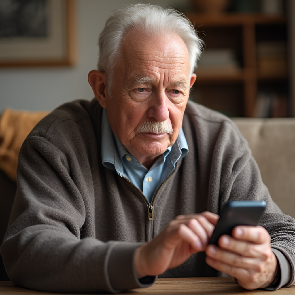 A photo of an elderly person looking at their phone or computer screen, possibly checking their bank account or the GOSI website, with a warm, reassuring atmosphere.
