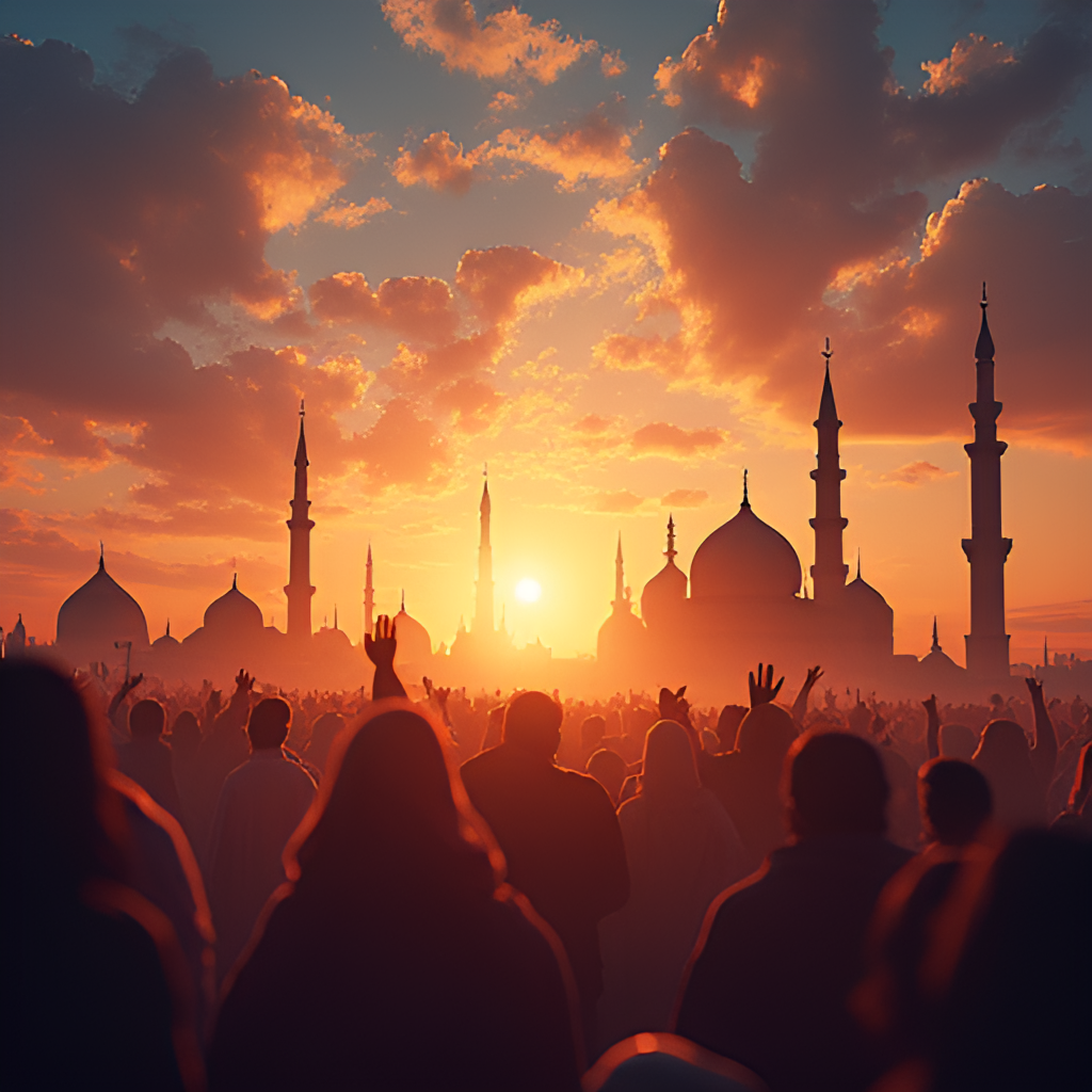 A vibrant image showing Muslims celebrating an Islamic holiday like Eid, conveying the importance of the Hijri calendar for religious events