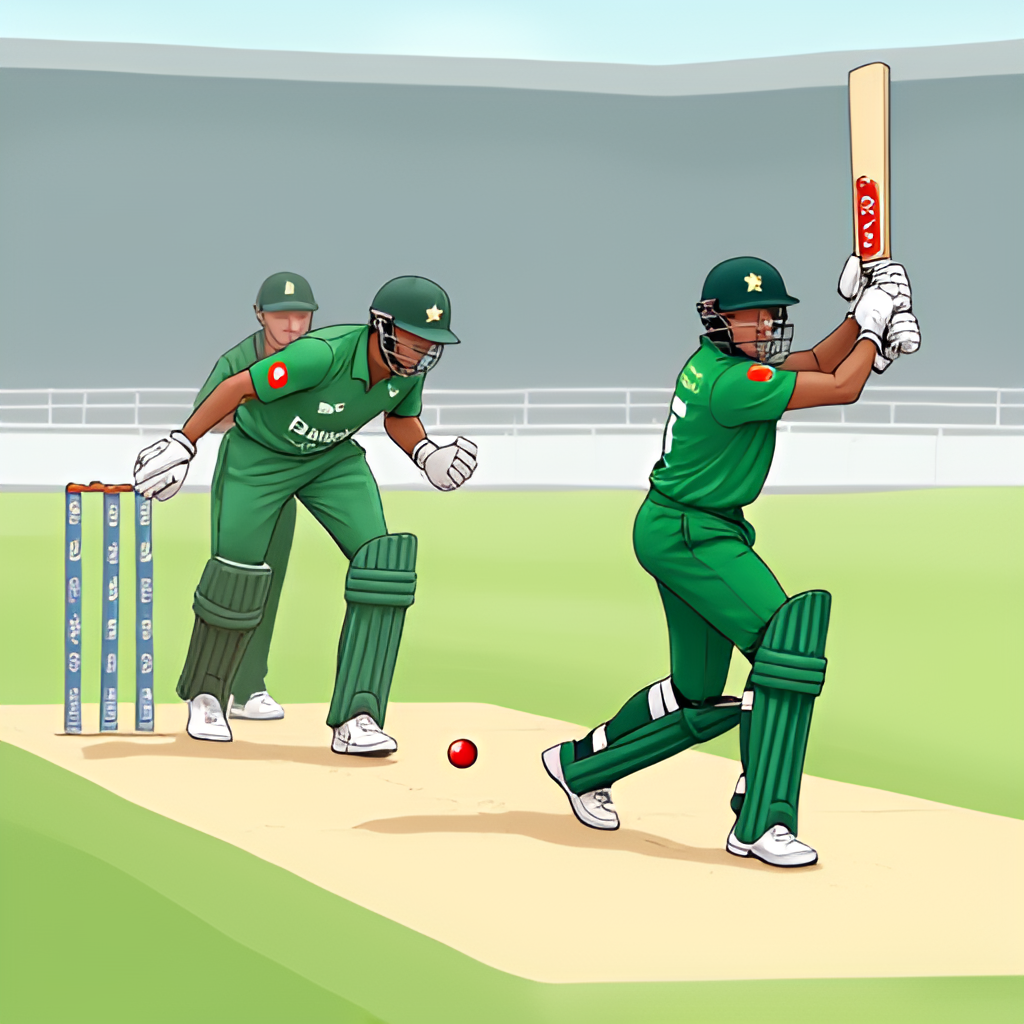 A dynamic illustration of a cricket match between Pakistan and Bangladesh, showing a batsman hitting the ball and fielders reacting, with national flags subtly visible in the background, in a stadium setting.