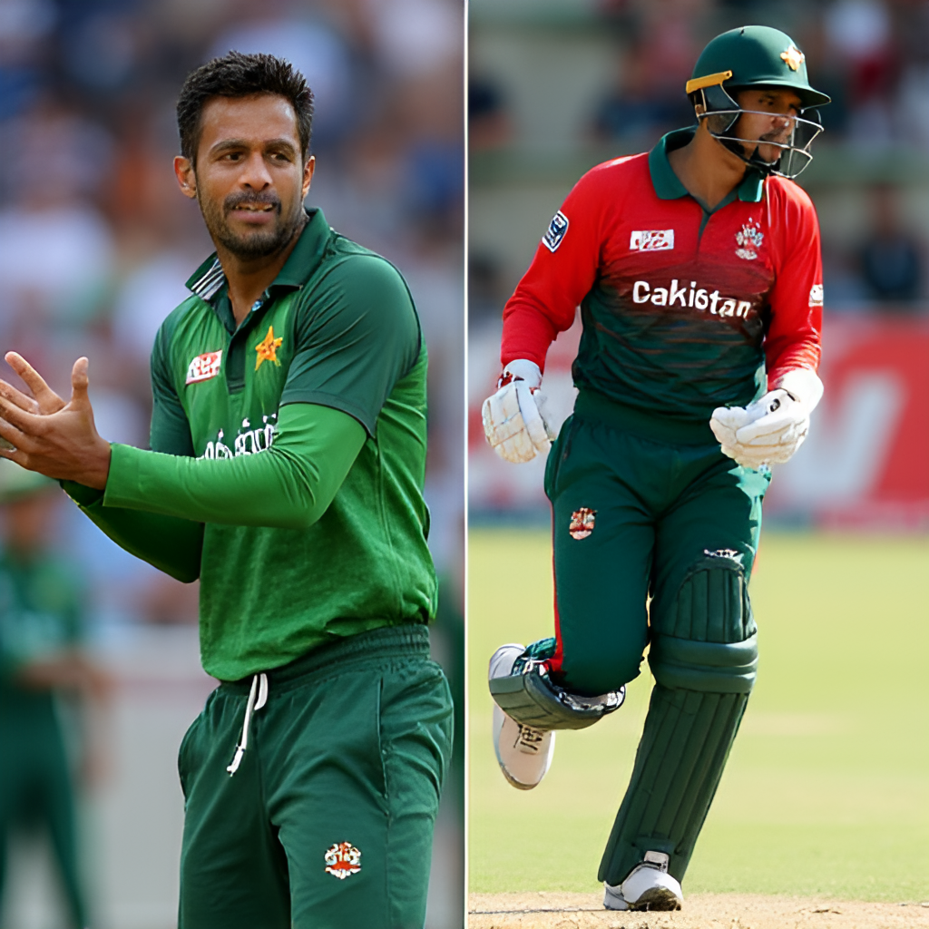 A split image or collage showing prominent cricketers from both Pakistan and Bangladesh teams side-by-side, perhaps in action poses, highlighting the key players in this rivalry.