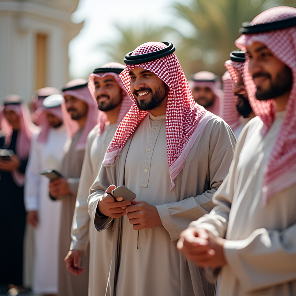 A photo showing young Saudi men and women working in the tourism sector, such as hotel staff, tour guides, or event organizers, smiling and interacting positively with visitors, highlighting the growth of local talent in the industry.