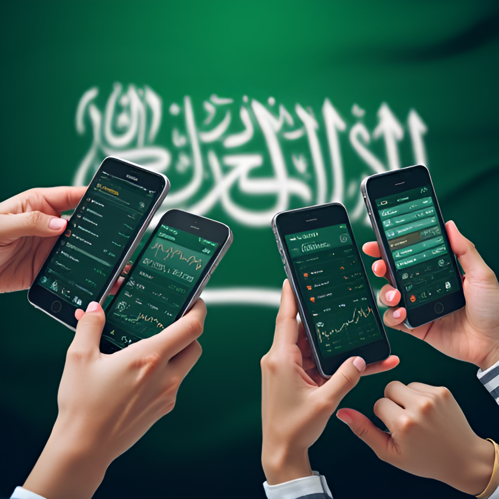 Image showing diverse hands holding smartphones or tablets with stock trading apps open, illustrating investment activity in the Saudi market, perhaps with a background of the Saudi flag or Riyadh skyline.