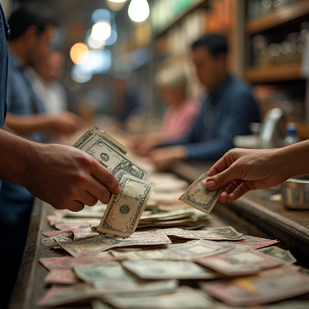 Photo of bustling market or exchange office with people handling currency, focusing on the human aspect of currency exchange