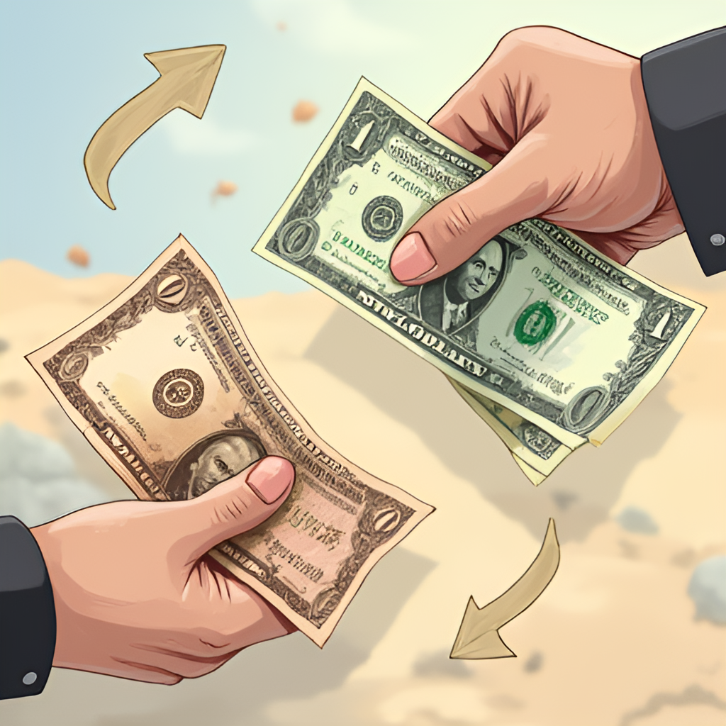 An illustrative image showing Egyptian pound banknotes and US dollar banknotes interacting, perhaps with arrows indicating supply and demand, set against a backdrop suggesting economic activity in Egypt.