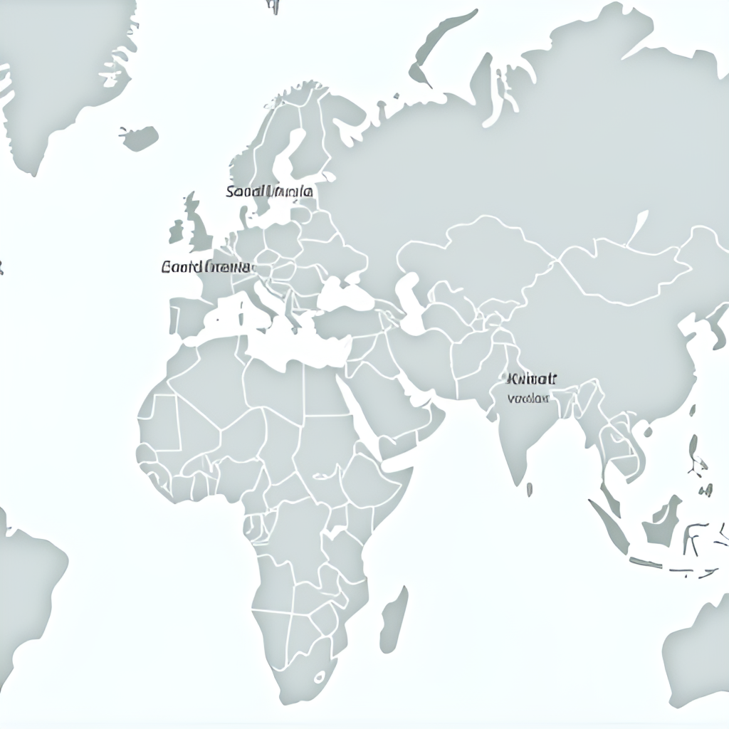 A world map highlighting Saudi Arabia, Malaysia, Kuwait, and Jordan, indicating Al Rajhi Bank's international presence with small icons representing banking activities in each country.