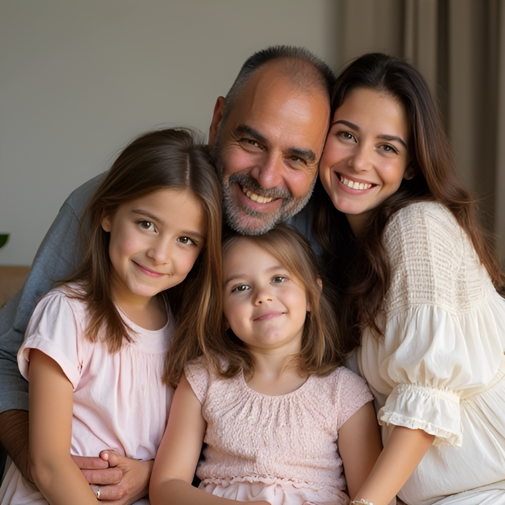 A heartwarming image of Samir Ghanem with his wife Dalal Abdel Aziz and their daughters Donia and Amy Samir Ghanem, smiling and looking like a happy, close-knit family.
