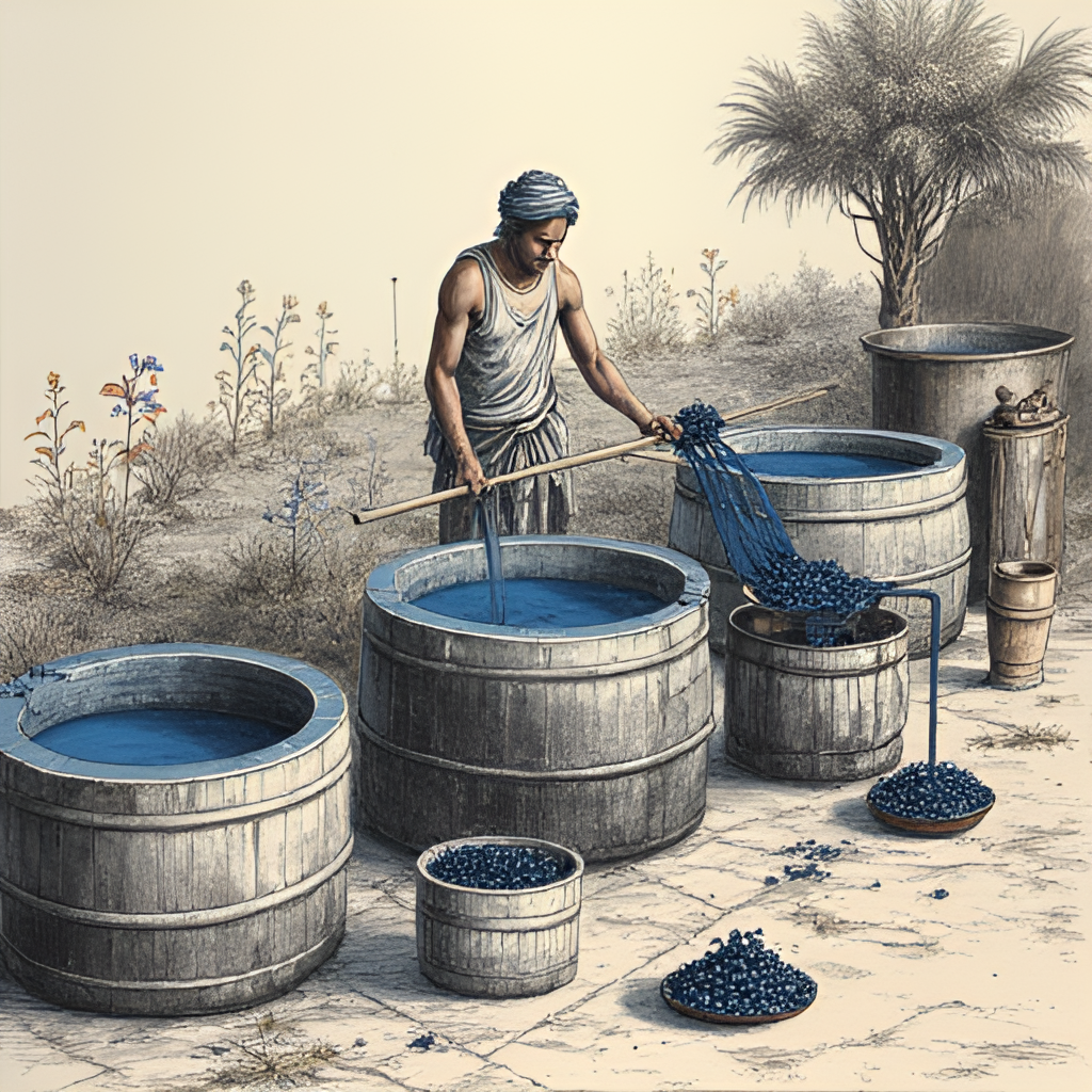 A historical illustration depicting the process of indigo dye extraction from plants in ancient India, showing workers and vats.