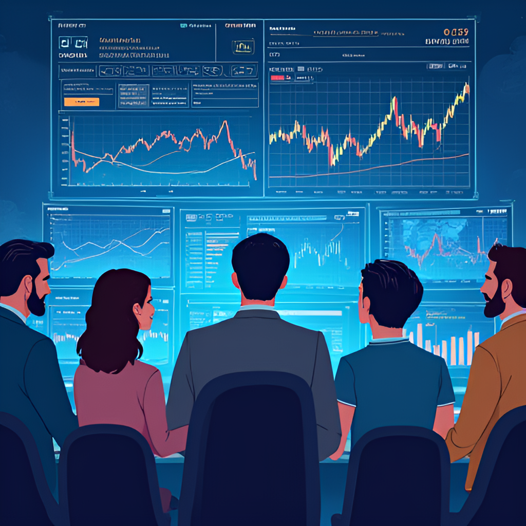 An illustrative image showing a diverse group of people looking at stock market charts on digital screens, representing investors engaging with the Saudi stock market.