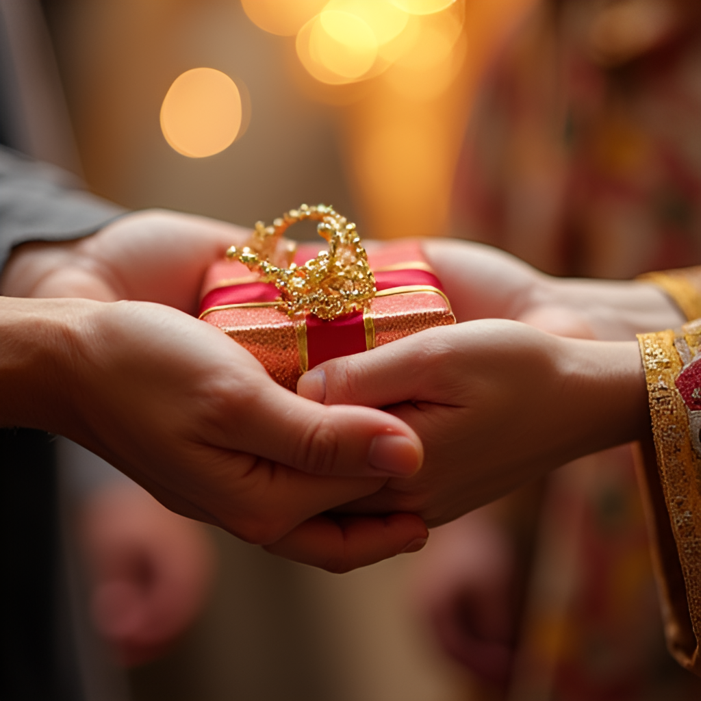 A close-up image of hands exchanging gifts or sweets during Eid al-Adha celebrations, symbolizing generosity and sharing, with blurred festive background.