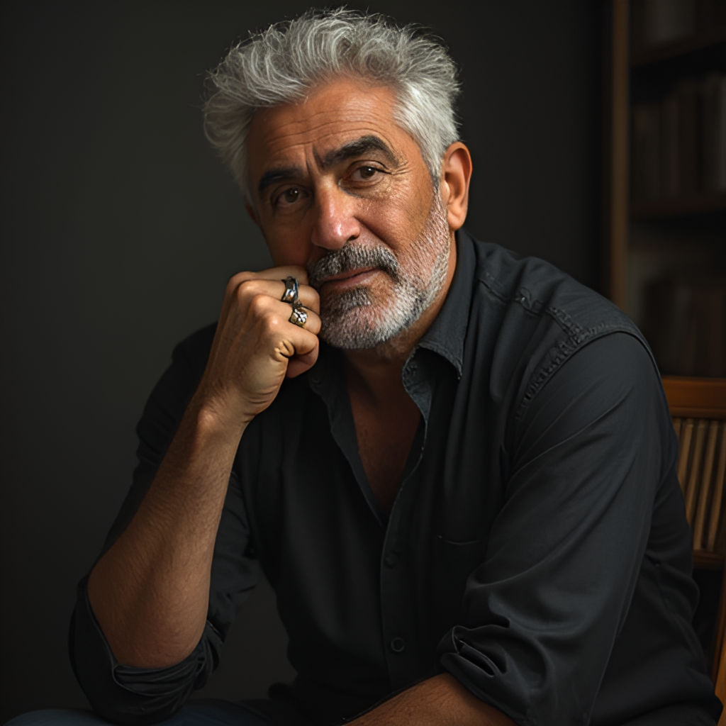 A portrait of Ismail El Leithy in a thoughtful pose, perhaps backstage or in a studio, conveying a sense of depth and artistic reflection, potentially hinting at the complexities of an artist's life behind the public persona. Style should be realistic.