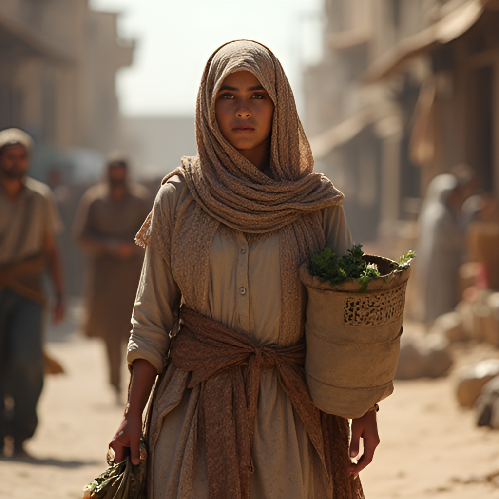 A realistic depiction of a resilient Iraqi mother walking through a marketplace, carrying groceries, with a determined expression. The background shows hints of historical architecture and daily life in Iraq.